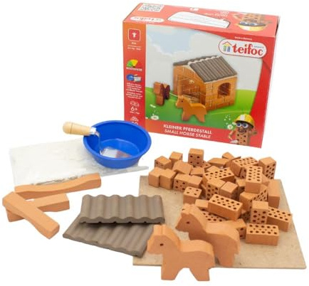 teifoc Kleiner Pferdestall - Steinbaukasten 1026, 50 Bauteile inkl. Pferde | Bastelset mit Spielmörtel, Mini Ziegelsteine für Kinder, Haus mauern für Kinder ab 6 7 8 Jahren, Spielzeug Pferde