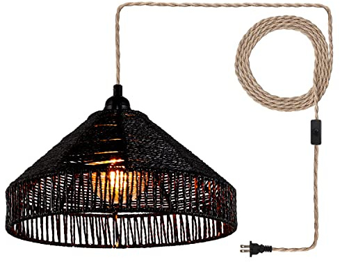 Plug in Pendant Light Rattan Hanging Lamp with On/Off Switch 15 Ft Hemp Rope Modern Woven Pendant Light Fixtures 12 Handwoven Rattan Basket Shade Boho