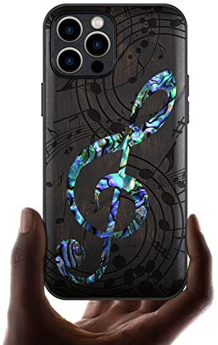 Carveit Bois Étui pour iPhone 12 Pro, (Sombre-Note Musicale)
