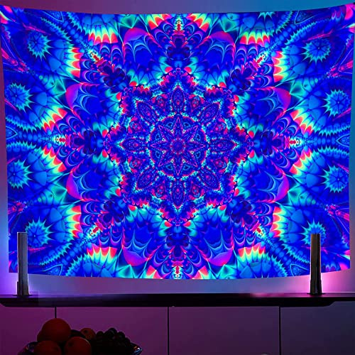 OSVINO Lumière noire Mandala Tapisserie 130x150CM Brillent dans le noir Psychédélique Bohème Tentures Coloré Toile de fond Déco chambre bohème Réactif aux UV Mur hippie Affiches pour Chambre