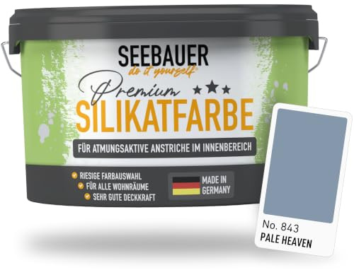 SEEBAUER diy Silikatfarbe Blau 5L für Innen (No. 843 Pale Heaven) Atmungsaktive Mineralfarbe für Allergiker - Abwaschbare Wandfarbe - Blautöne hohe Deckkraft