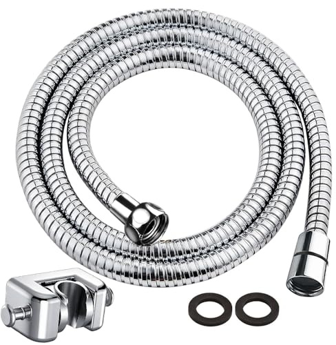 Caiery Brauseschlauch & Duschbrausehalter ohne Bohren,1.5M Premium Duschschlauch aus Edelstahl Flexibler Brauseschlauch mit Dichtungen für Handbrause,Hand-Duschkopf,Chrom