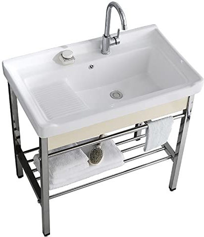 Lavello da cucina a vasca singola, lavello in ceramica da bagno, lavello multiuso con set di lavabo con supporto e set di scarico per lavanderia, ripostiglio, garage, cantina, esterno e interno. (