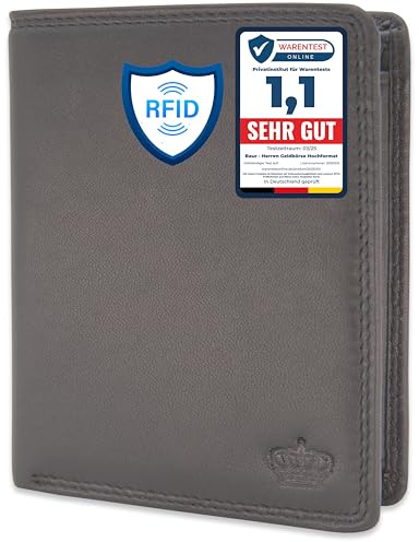 Baur Herren Geldbörse – Echtes Leder mit RFID-Schutz – Großes Portemonnaie im Hochformat aus Nappa-Leder mit 8 Kartenfächern – Großes Münzfach (Hochformat mit Druckknopf innen, Dunkel Braun)
