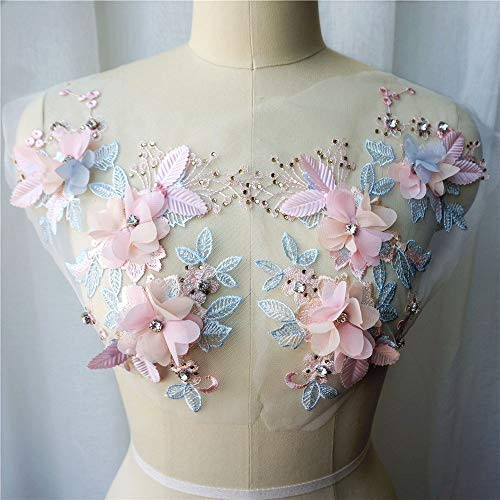 2 st rosa blå 3D blomma spets tyg pärlor strass broderad klänning applikationer sy lappar för bröllop dekoration klänning gör-det-själv