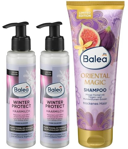 Balea 3er-Set Haarpflege: Haarmilch Professional Winter Protect mit Mandelöl für wintergestresstes Haar & trockene Kopfhaut, 2 x 150 ml + Shampoo Oriental Magic für trockenes Haar, 250 ml, 550 ml