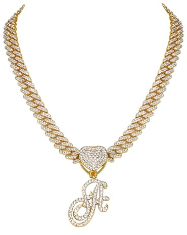 Flongo Damen Kette gold Halskette: Iced out cuban link chain Kuban Plattenkette statement panzerkette modeschmuck Frauen choker hip hop schmuck ketten mit A Anhänger Geschenk für Herren Mädchen
