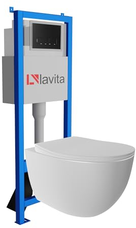 Lavita LAV 101 Vorwandelement für WC 40cm + Wand Hänge Tiefspül WC MONDO Weiß Spülrandlos + Bedienplatte LAV 200.3.4 Schwarz | Komplettset | Unterputz Spülkasten | Toilette Komplett Sett