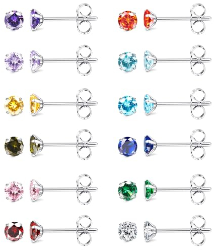 JeweBella 12 Paar Kleine Ohrstecker Chirurgenstahl für Damen Mädchen Hypoallergen Geburtsstein Ohrstecker Set Mehrfarbige Cubic Zirkonia Ohrstecker Piercing Knorpel Schlaf Ohrringe Set 3/4/5mm
