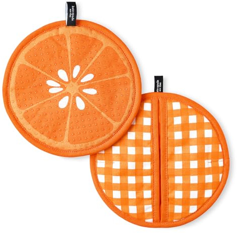 kate spade new york Squeeze The Day and Spring Gingham Pot Holder 2-Pack Set, Heat Resistant, 100% Cotton, Orange, 8