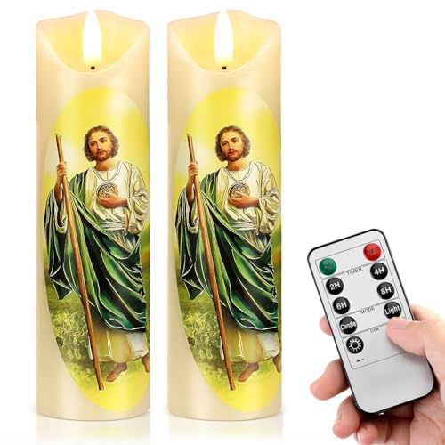 Baquler 2 Pcs Religious Flameless LED Prayer Candle Real Wax Baptism Set Devotion Candles Religious Decoration Gift for Home and Office, Battery Operated with Remote Control(St. Jude)