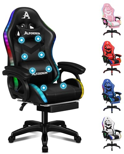 ALFORDSON Gaming Stuhl, Racing Gamer Stuhl mit LED RGB Beleuchtung, Massaging Computersessel mit Fußstütze, Ergonomischer Drehstuhl mit hebelbetätigter Rückenlehne, Schwarz
