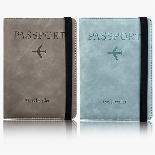SLAXJNE Housse De Protection en Cuir pour Passeport, 2 Pièces, Porte-Carte pour Passeport, Portefeuille pour Passeport Portable, Bande Élastique