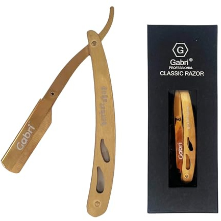 Gabri Folding Cut Throat Razor Authentic - Premium Barber Straight Razor for Men's Shaving - Single Blade Razor (Metal (Gold))