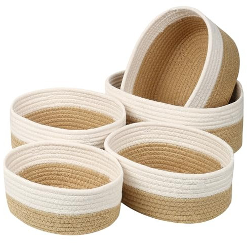 Mozvvco 5er Set Baumwollseil Aufbewahrungskorb,Körbchen Wickeltisch Organizer Korb Aufbewahrung,Storage Basket für Bad Badezimmer Kinderzimmer Wickeltisch(Weiß & Jute)