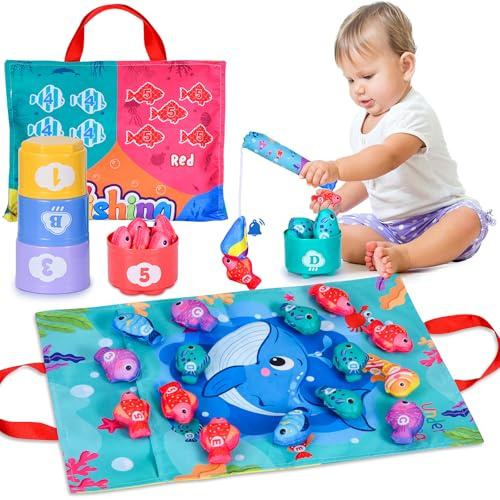 XIXILAND Spielzeug ab 1 2 Jahr Angelspiel ab 2 3 Jahre, Kinderspielzeug Montessori Spielzeug Baby Motorikspielzeug für 6 12 Monate, Fische Angeln Spiel Geschenke ab 1 2 3 4 Jahre Junge und Mädchen