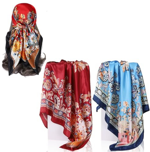 ZEXOWIJ 2 Pack Rojo y Azul Pañuelos Cabeza Mujer, Bandana Mujer, 90 * 90 cm Bandanas Grandes Pañuelos Cuadrados como seda Bufanda de pelo Mancha Diadema para Niñas