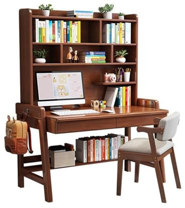 Juego de escritorio de madera maciza con estantería y silla, color nogal, 80 x 60 x 186 cm
