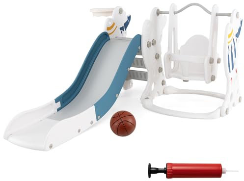 HOMASIS 4 in 1 Kinderrutsche Indoor & Outdoor, Kinder Rutsche mit Schaukel, Basketballkorb, Ball, Kletterleiter, Babyrutsche Spielplatz Gartenrutsche für Kinder ab 18 Monaten (Blau+Weiß)