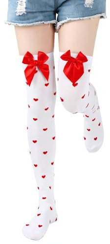 Overknee Stockings Women's White, Heart Socks, Hold-Up Stockings with Bow, Knee Stockings Women's White/Red/Black, Sexy Costumes Women Carnival, Accessories for Costume Women's Fancy Dress