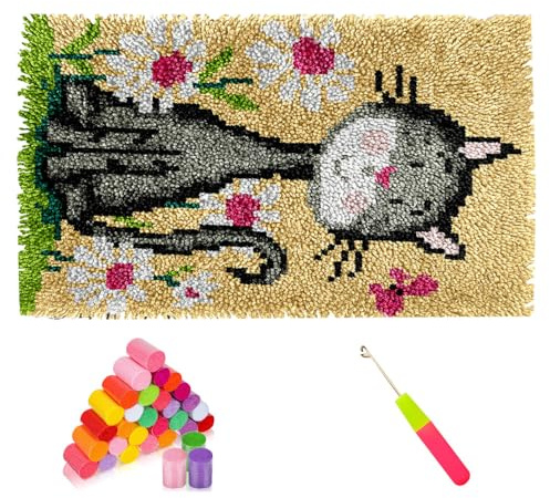 MiOYOOW Kit de Tapis de Crochet à Point Noué, Coussin au Crochets à Loquet Bricolage, 52 X 38 Pouces, Kit de Crochet Point Noué avec Motifs de Chat, Tapis Créatif pour Décoration d'intérieur