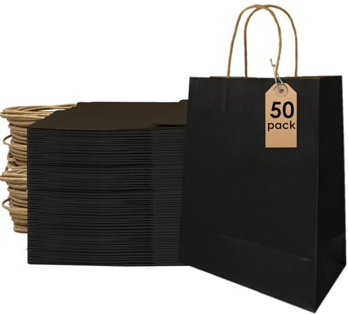 50 Stück Kraftpapiertüten, klein, schwarz, robust, mit Griff, 27 x 14 x 21 cm, schwarze Kraftpapiertüte, Geschenkbeutel, für Shopping, Verpackung, Mittagessen (recycelbar)