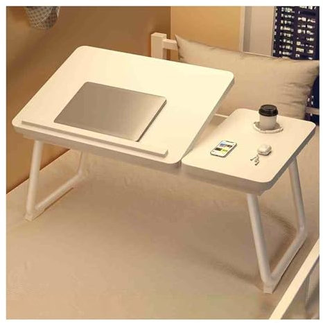 JHIAADEY Sängbord for bärbar dator, bärbart lapbord/bärbart stativ, bäddsoffa laptopbord, litet justerbart hopfällbart datorbord, brickbord med mugghållare(White)