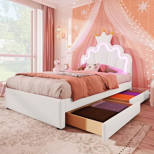 Merax Kinderbett 90x200 Polsterbett mit LED, Kronenförmiges Prinzessinnenbett mit 2 Schubladen, Prinzessinnenbett in Kronenform, Verstellbares Kopfteil, PU, Weiß, Ohne Matratze