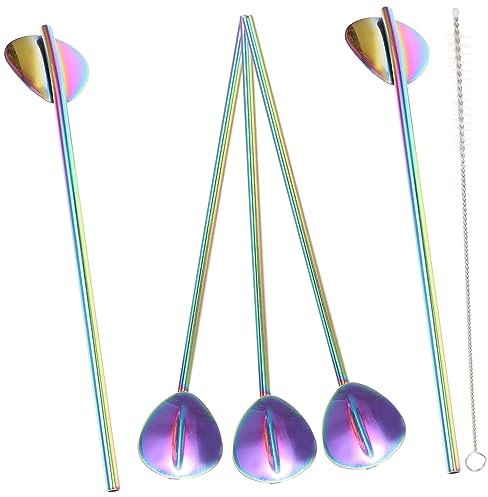 Cabilock Cuchara De Acero Inoxidable Reutilizable Pajita De Metal Con Cepillo De Limpieza Juego De 6 Cucharas Para