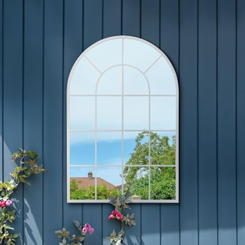 MirrorOutlet The Arcus - White Framed Window Modern Full Length Arched Garden Mirror 47 X 31 (120CM X 80CM) Silver Mirror Glass with Black All weather Backing.