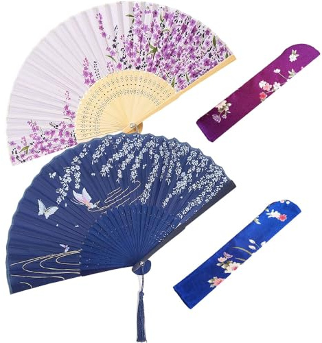 Belegao 2PCS Folding Hand Fans with Pouch and Tassel Elegant Hand Fans | Bamboo Silk Fabric, Portable Handheld, Fan Chinese Fans, for Cooling, Birthday Gifts, Cosplay Party, Prom, Performance Daily