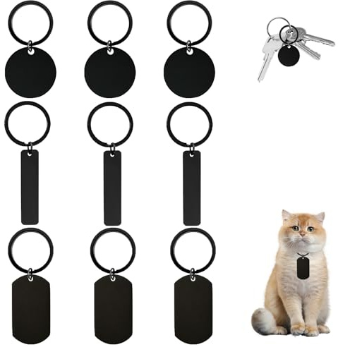 QUNXON 9 Stück Edelstahl Anhänger Blanko, Rund/Rechteckig/Quadratisch Hundemarke Rohlinge, Rohlinge Dog Tags Schlüsselanhänger, Schlüsselkennzeichnung für DIY -Haustierkarten, Ornamente, Halsketten