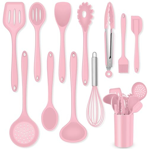 Onader Kitchen Utensil Set, 12 Piece Silicone Cooking Utensils with Holder, Heat Resistant Kitchen Tools Turner Spatula Spoon for Non-Stick Cookware, Easy Clean & Dishwasher Safe, Pink