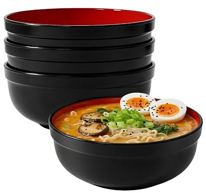 TP 38 oz Melamine Bowls Set of 4, Large Serving Bowls for Ramen, Pasta, Salad, and Soup, Unbreakable and Lightweight, Dishwasher Safe for Daily Kitchen Use, Black and Red