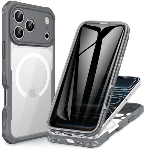CENHUFO Magnética Antiespia Funda iPhone 17 Pro [Compatible con MagSafe] Integrado 9H Cristal Templado Protector Pantalla y Protector Cámara, 360 Grados Antigolpes Carcasa Capa Doble Cara Case -Gris