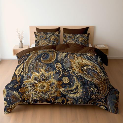 Générique Housse de Couette 140 x 200 Motif Paisley Traditionnel Luxueux, Haut de Gamme Parure de Lit et 2 x Taie d'oreiller, Lot de 3, Marron, Linge de Lit en Microfibre avec Fermeture Éclair