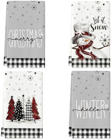 Tarqite Geschirrtücher Weihnachten 4er Set, 45x70cm Küchentücher Weihnachts, Weihnachtshandtücher, Weihnachten Handtücher mit Weihnachtsbaum Schneeflocken Muster