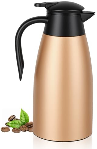 Nymblis 2L Thermal Coffee Jug, Insulated Carafe Jug with Brush (Gold) | Stainless Steel, Double-Walled Vacuum, with Press Button Top, Coffee Pot for Hot & Cold Beverage, Tea, Milk, Water