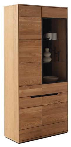 Lomadox Wohnzimmer Vitrine Vitrinenschrank mit 93 cm Breite in Eiche teilmassiv mit 1 Glasrahmentür & 3 Holztüren - Massivholz/Echtholz/Furniert