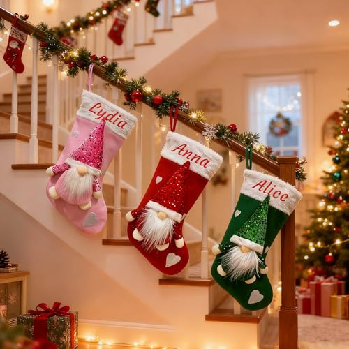 Media de Navidad Personalizada con Nombre Bordado, Calcetines Navidad con Diseño de Gnomo, Calcetines Navideños Rojos & Verdes & Rosados, Decoración Navideña Personalizada Grande de 47CM (1 Media)