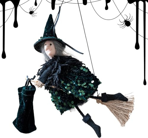 Générique Halloween-Figur – Dekoratives Hexen-Accessoire auf Besen, aus leichtem Plüsch, Schnalle einfach aufzuhängen, thematisches Outfit inklusive | Ideal für die Dekoration des Hauses