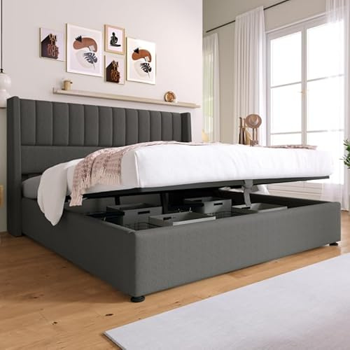 Generisch Hydraulisches Stauraumbett 180x200cm mit Lattenrost – Modernes Design in Grau/Beige, Platzsparend & Stabil aus Massivholz