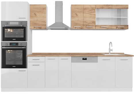 Vicco Küchenzeile R-Line, Goldkraft Eiche/Weiß, 300 cm zweifarbige Schränke, AP Eiche