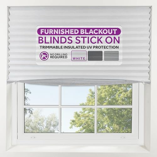 FURNISHED Blackout Blinds Stick On - Portable No Drill Blind, Temporary Blackout Cover, No Drilling Pleated Shades, Stick-on Black Out Blinds Window, Removable Blockout Shutters, White, 70W x 210H cm