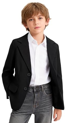 LOLANTA Blazer Casual para Niño, Chaqueta de Traje Lisa, Clásica de Botonadura Simple con Bolsillos de Solapa, Negro, 10-11 años, 150