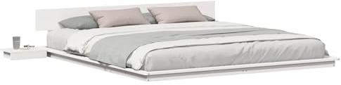 XHNIFBN Bodenbett Weiß 180x200 cm Holzrahmen Nachttisch Lattenrost King Bettgestell