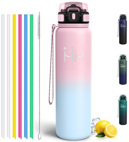 Motswedi Botella de Agua 1l, Acero Inoxidable, Botella Térmica, a Prueba de Fugas, Cantimplora con Pajita, Fría y Caliente de Boca, para Deportes, Oficina, Bicicleta, Rosa & azul claro