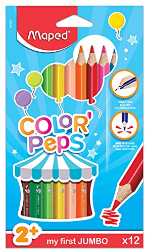 Maped - Pinturas de Madera - Lápices de Colores Jumbo - 12 Pinturas con Presentación en Caja de Cartón - Mina Blanda y Resistente - Empuñadura Gruesa para Mejor Empuñadura