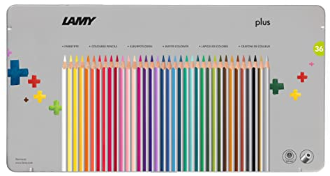 LAMY 1226065 plus Farbstifte 530 36er-Set: Metallbox mit 36 Farbstiften aus hochwertigem Zedernholz mit ergonomischer Dreieckform und hoher Farbbrillanz – Dicke Mine Ø 4 mm