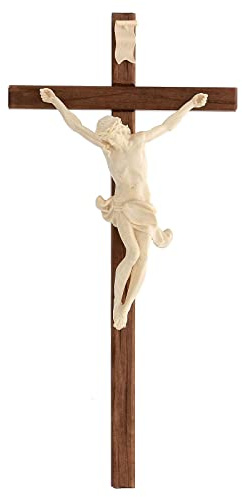 Holyart Crocefisso Croce Dritta scolpita Corpus Valgardena Naturale Cera, 29 cm (11.43 INC.)